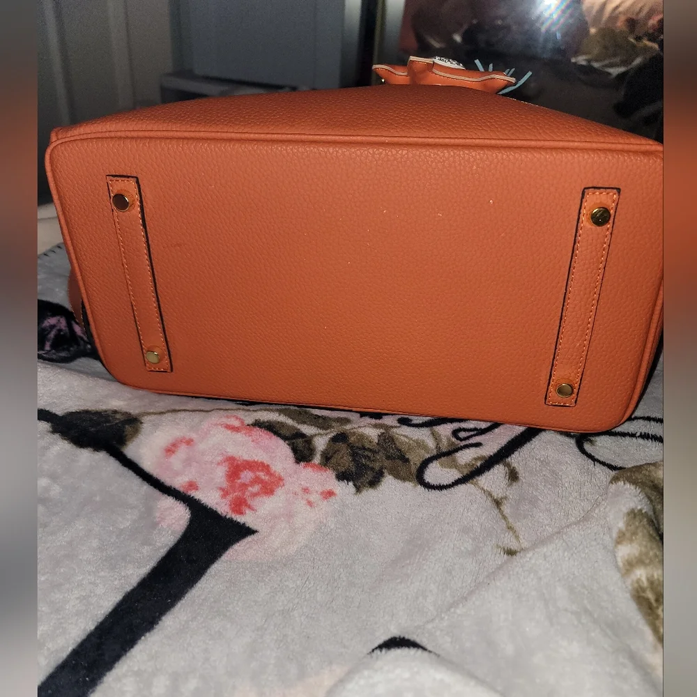 Structured Orange Leather Top-Handle Satchel with Gold-Tone Hardware
